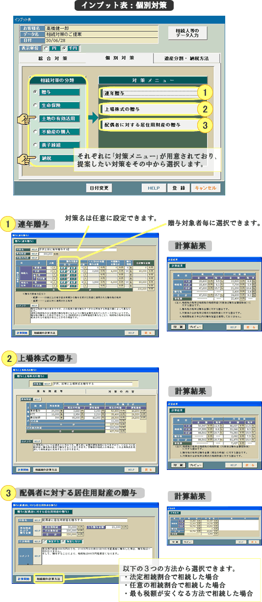 相続税計算ソフトの入力画面(個別対策)
